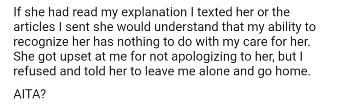 However, he refused to apologize for not recognizing her despite all the accusations that he doesn't care. Now their relationship is on the brink of collapse.