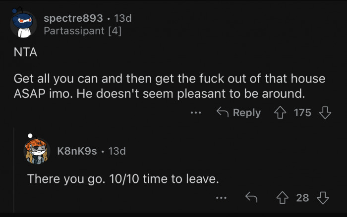 This is OP's cue to leave.