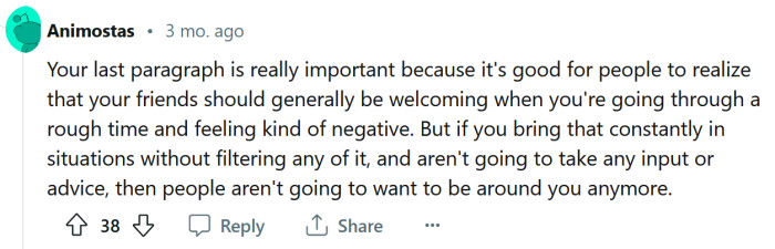 It's important not to bring that negative energy everywhere.