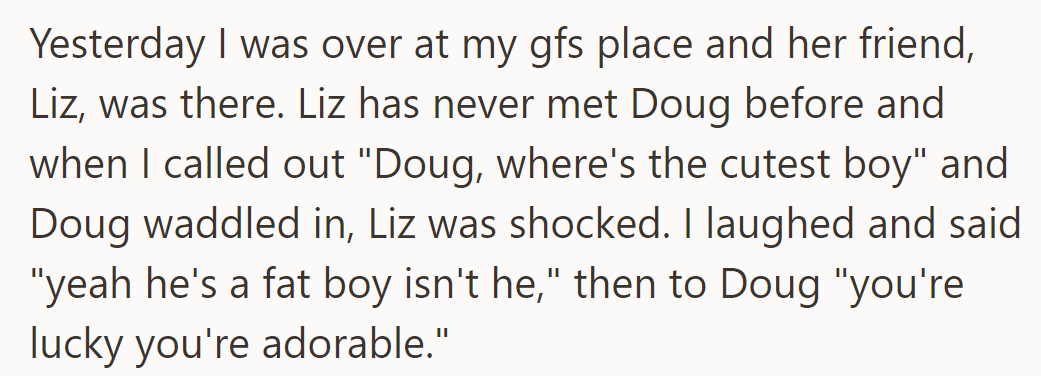 When OP called his girlfriend's overweight cat Doug, it surprised her friend Liz, and OP joked about Doug's size.