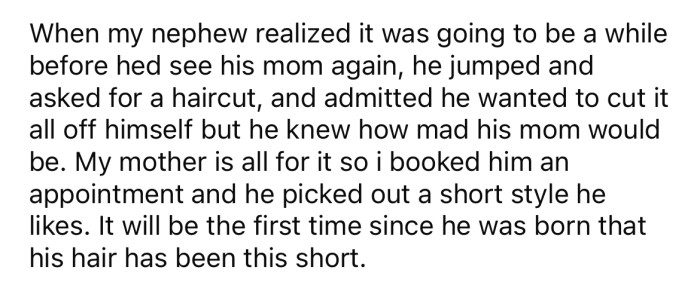 The OP says as soon as her nephew realized that his mom would most likely not be around for some time, he asked if he could have his hair cut.