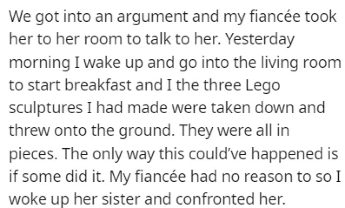 The morning after the argument, OP found that the sister had destroyed his LEGO sculptures