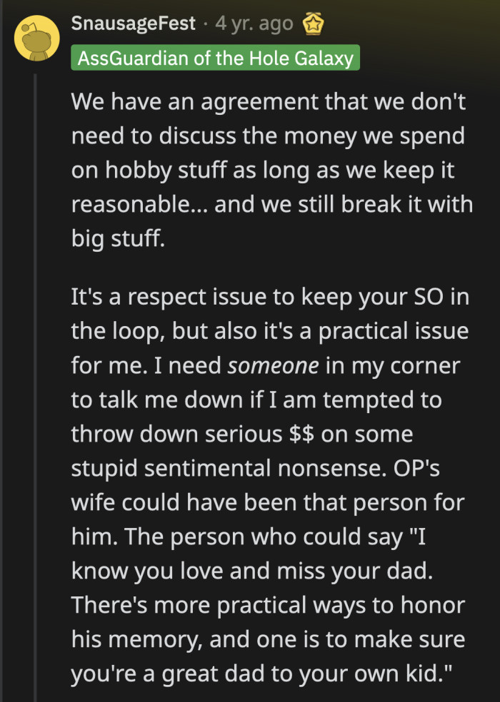 The least he could have done was discuss a purchase this big with his wife.