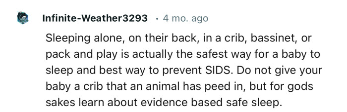 “Do not give your baby a crib that an animal has peed in, but learn about evidence-based safe sleep.“