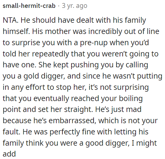 His mother crossed a line by surprising OP with a prenup after she made it clear she didn't want one.