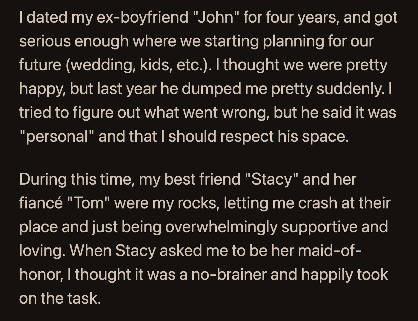The guest later realized the maid of honor's absence because Stacy had their wedding party's photos and bio on her wedding page.