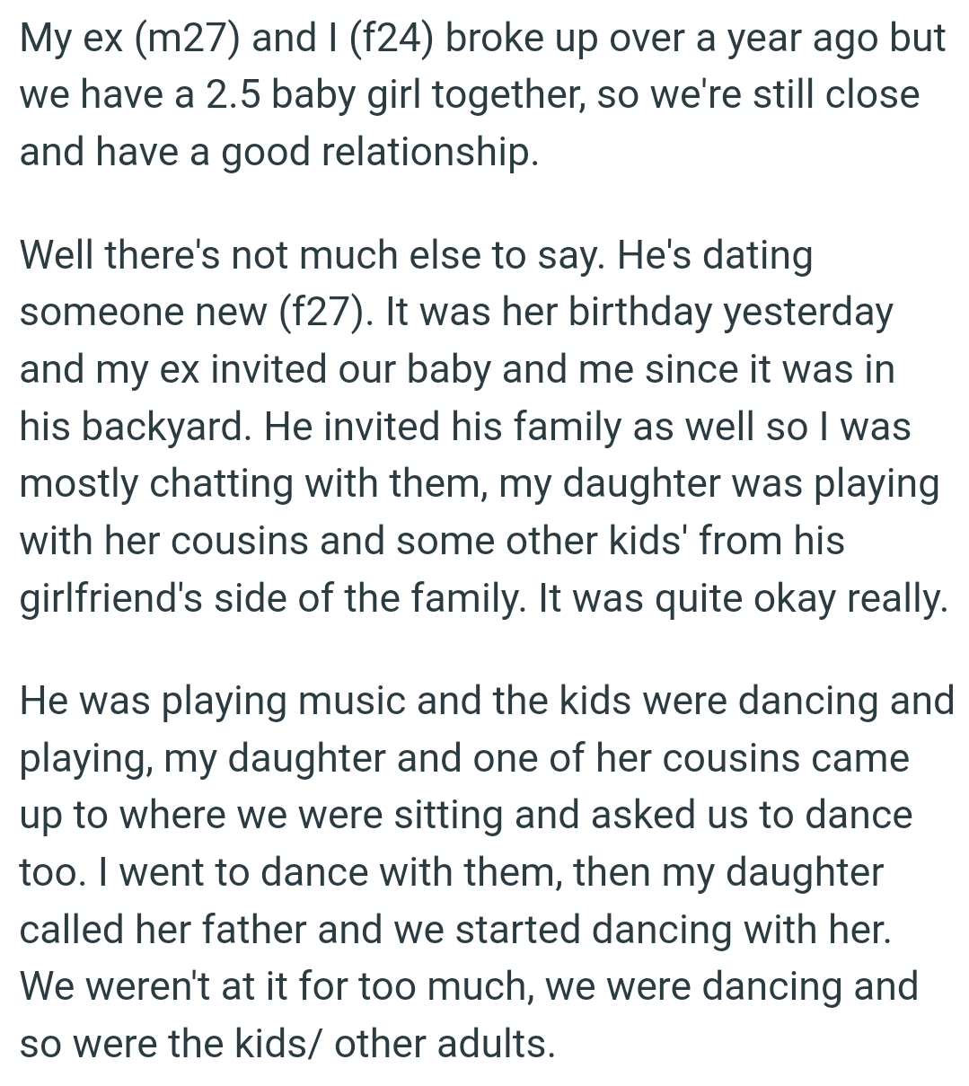 OP's ex invited his family as well, so she was mostly chatting with them