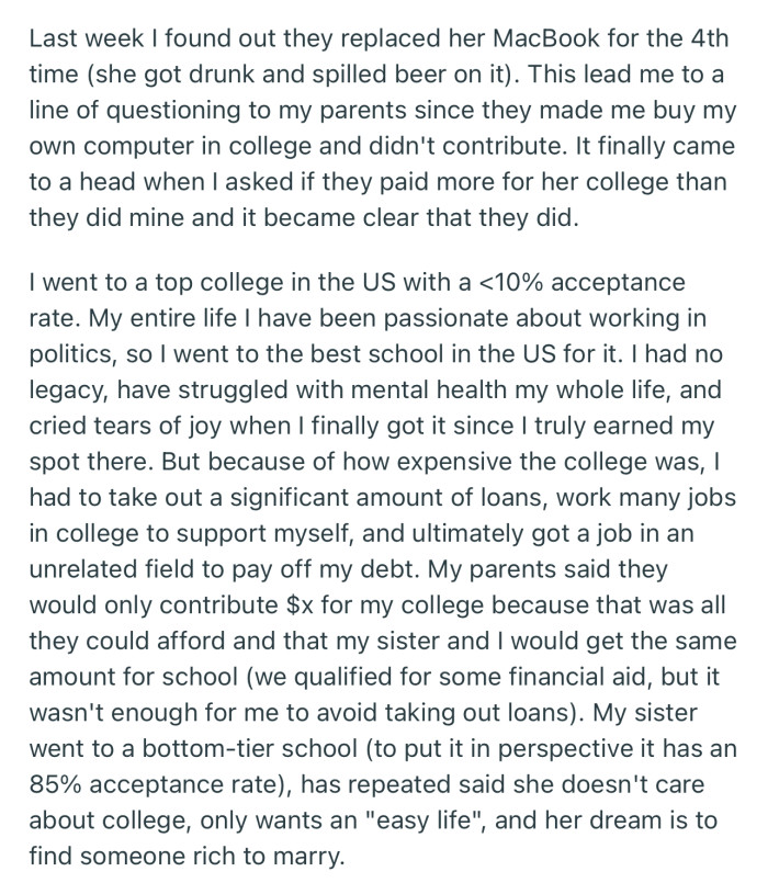 OP went to a top college, but had to take out a significant amount of loans since their parents said they couldn’t afford it