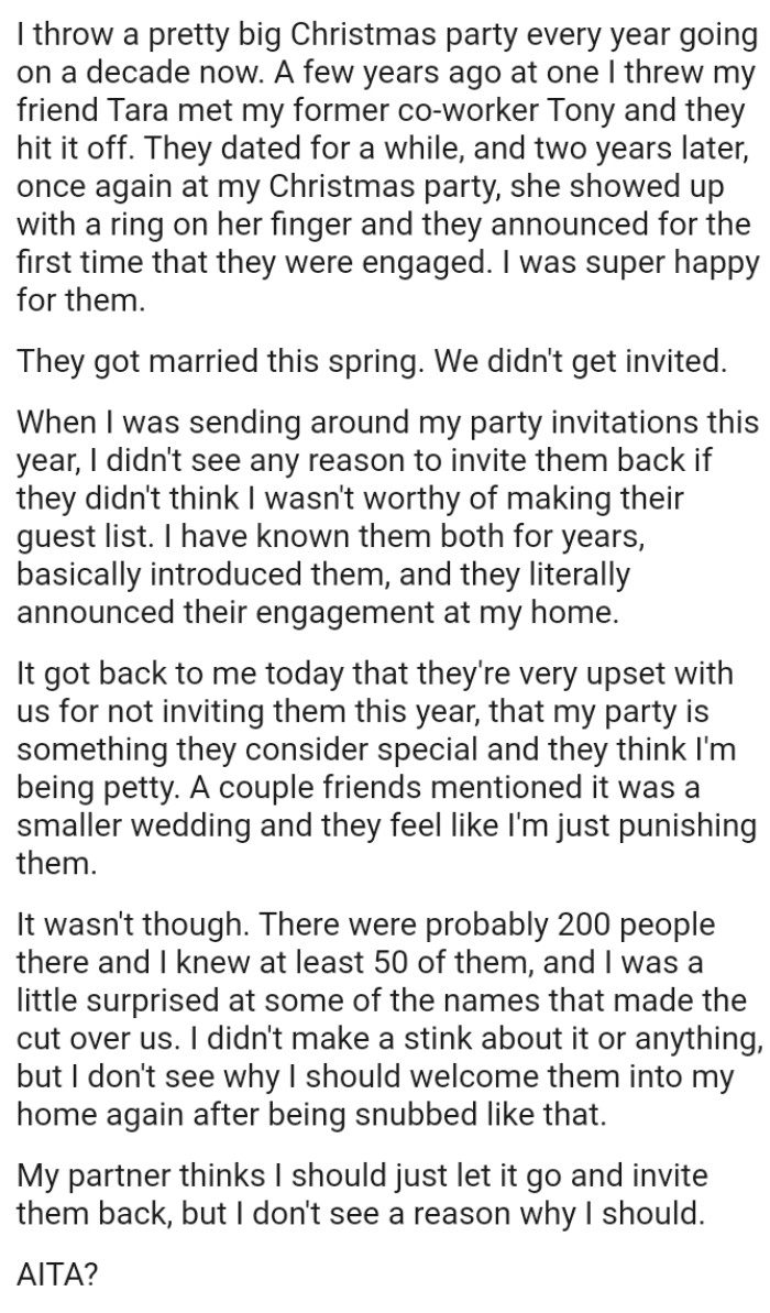 OP's Party is Something They Consider Special, and They Think She is Being Petty