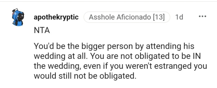 You are not obligated to be in the wedding