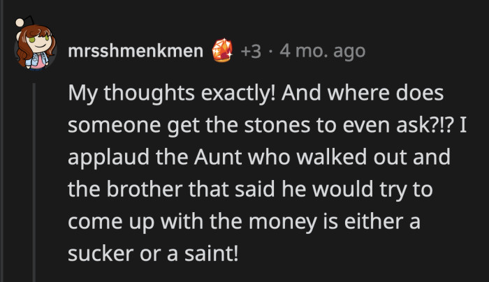 The aunt who walked away wordlessly is a whole mood