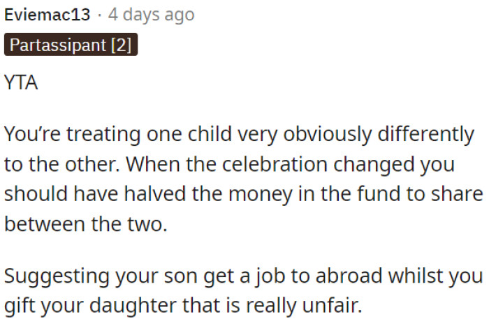 When the circumstances changed, OP should have divided the money equally between both of them.