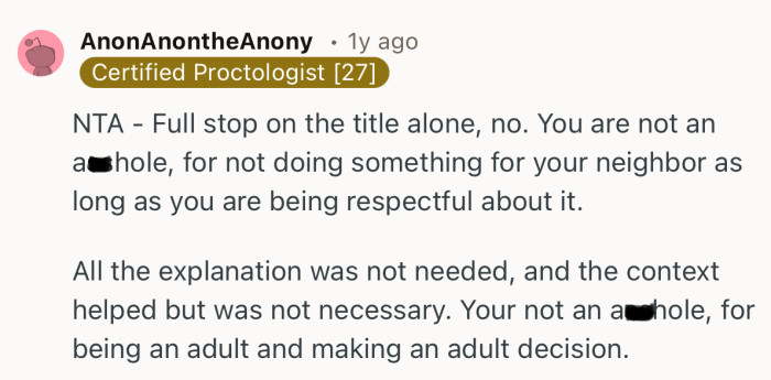 “You’re not an a**hole, for being an adult and making an adult decision.”