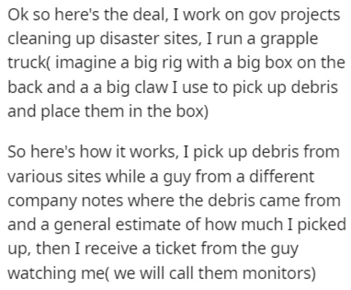 OP works on government projects, cleaning up disaster sites