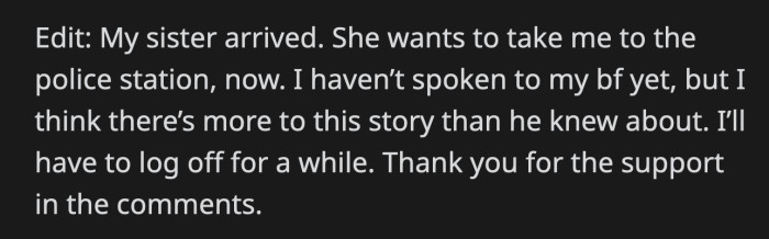 OP's sister wanted her to file a report with the police