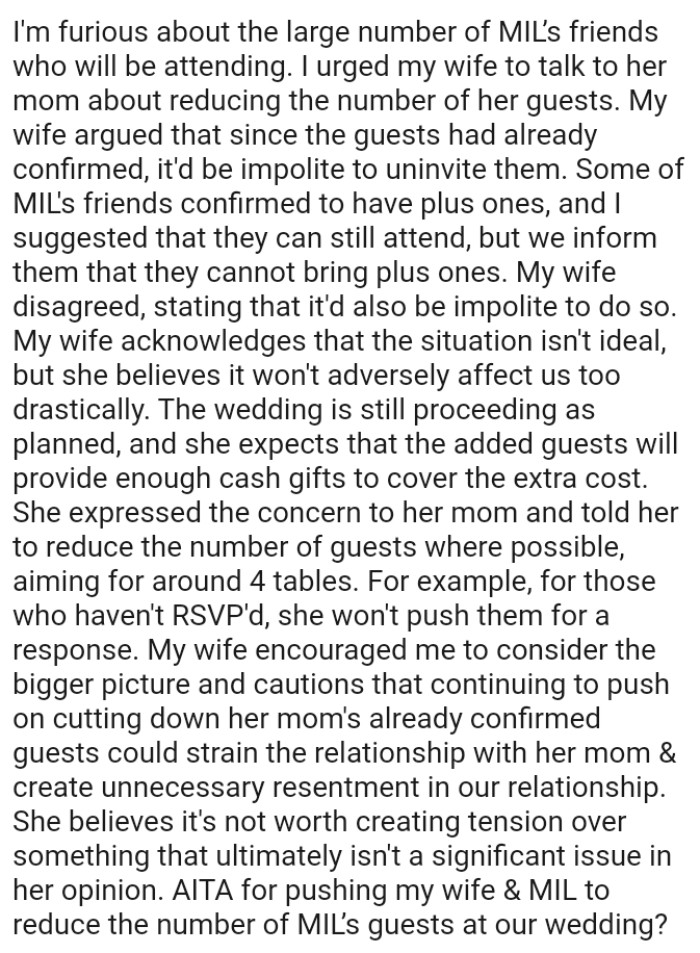 OP's wife expressed the concern to her mom and told her to reduce the number of guests where possible