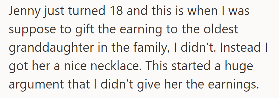 When Jenny turned 18, she received a necklace instead of the promised earrings, causing a huge argument.