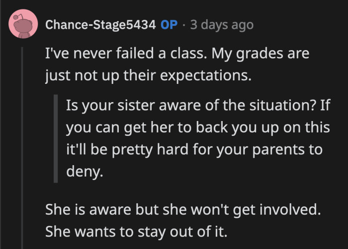 OP says her twin is aware of the drama but is choosing to stay out of it