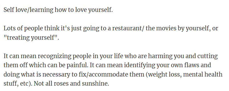 Self love/learning how to love yourself.