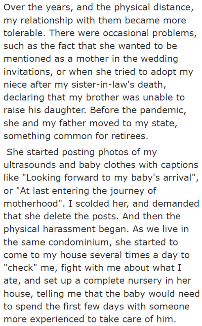 The OP started having problems with her stepmom when she was having a baby.