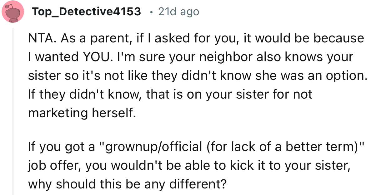 “NTA. As a parent, if I asked for you, it would be because I wanted YOU.”