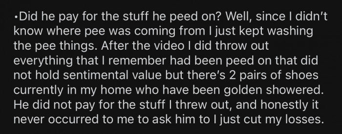 The BIL never reimbursed OP for the things he peed on.