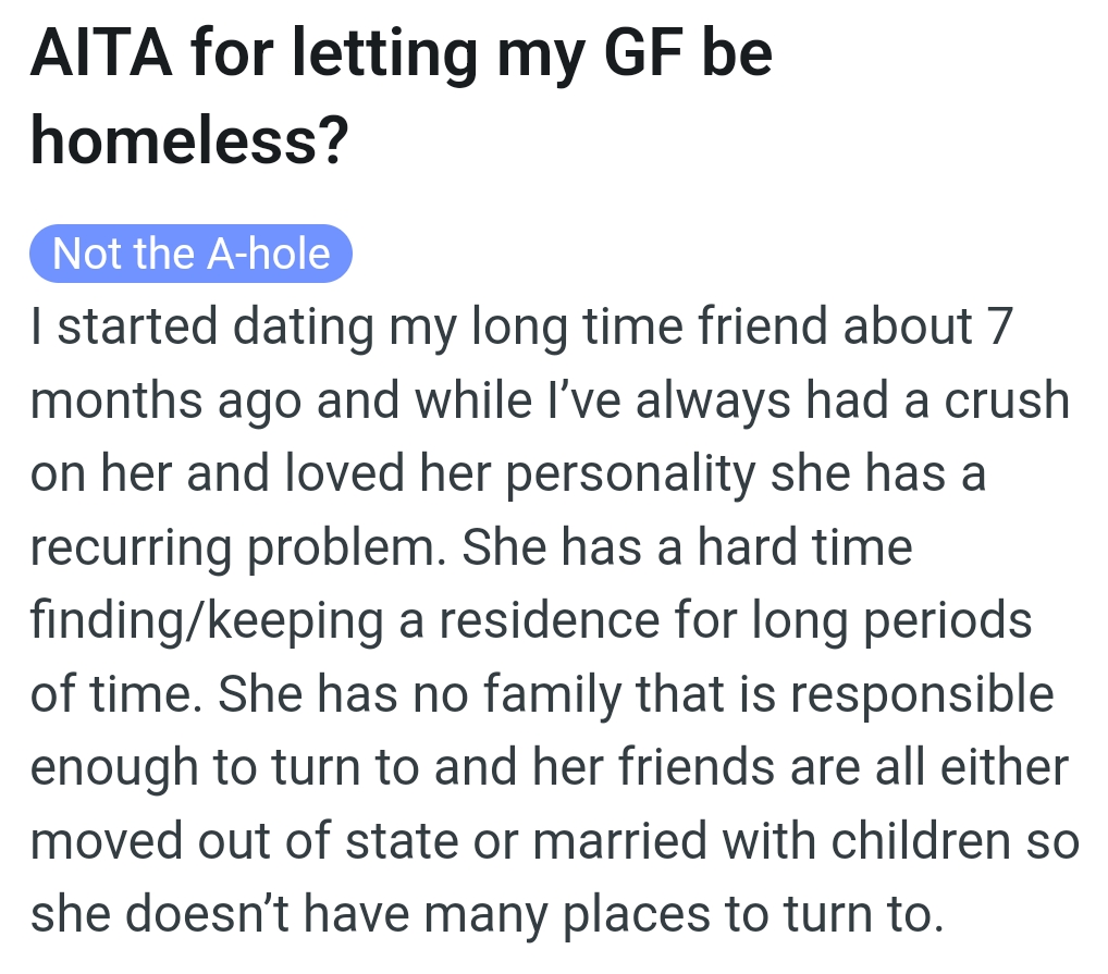 OP's Girlfriend Has a Hard Time Finding and Keeping a Residence for Long Periods of Time