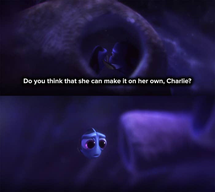 11. When little Dory overhears her parents' sad conversation in Finding Dory
