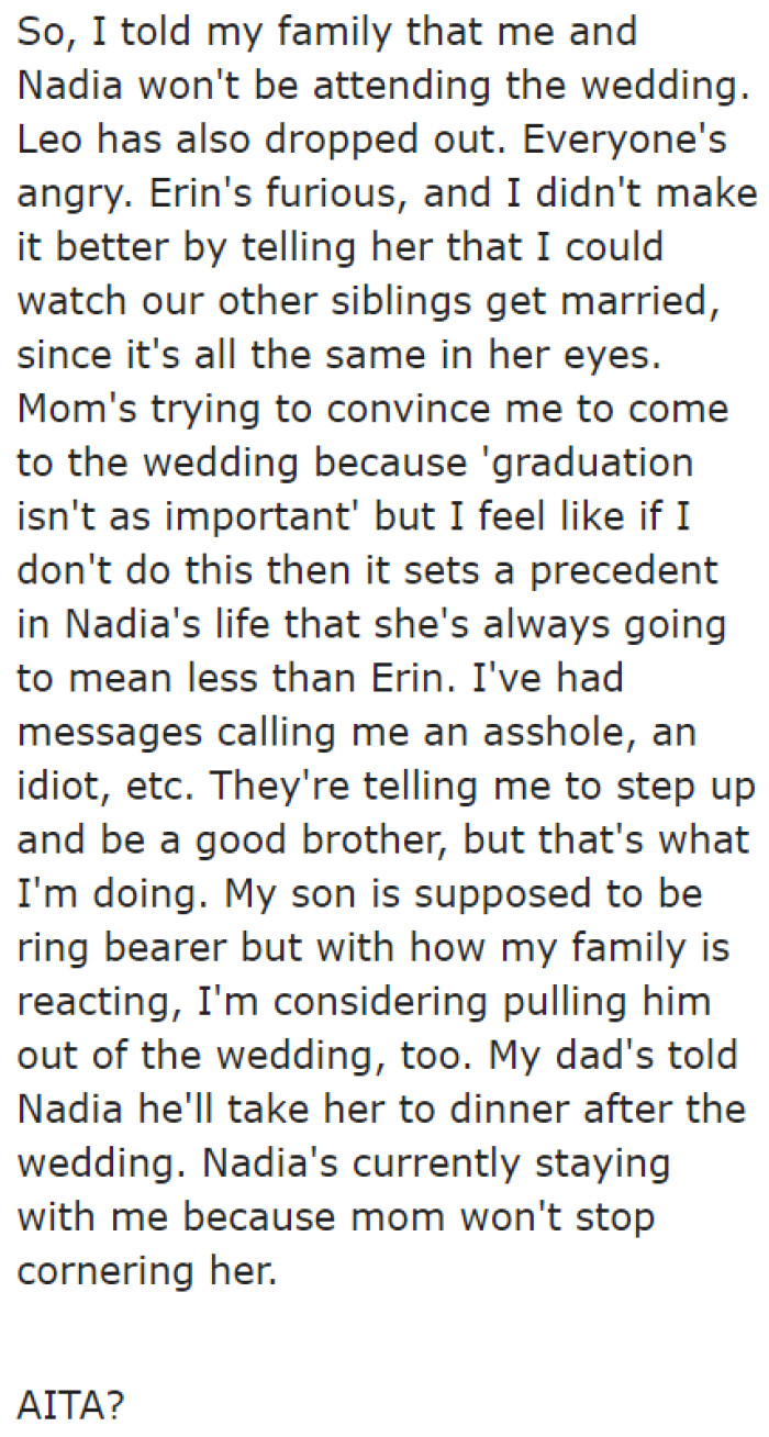 The OP decided to drop out of the wedding in favor of his graduating sister. He asks the community if he's the a-hole for doing so.