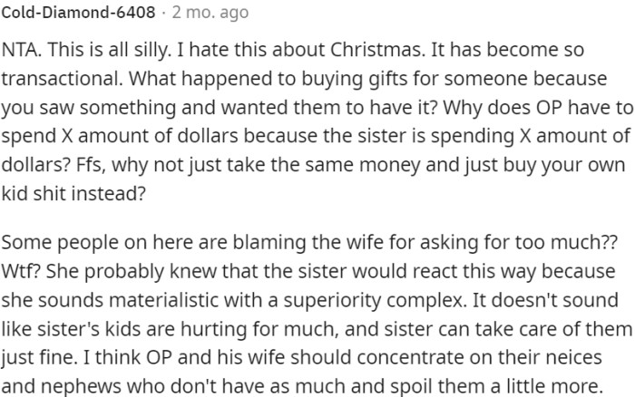 The focus should be on thoughtful gifts rather than matching spending