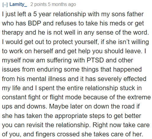 A female Redditor reveals the bad side of sticking with a partner with untreated BPD.