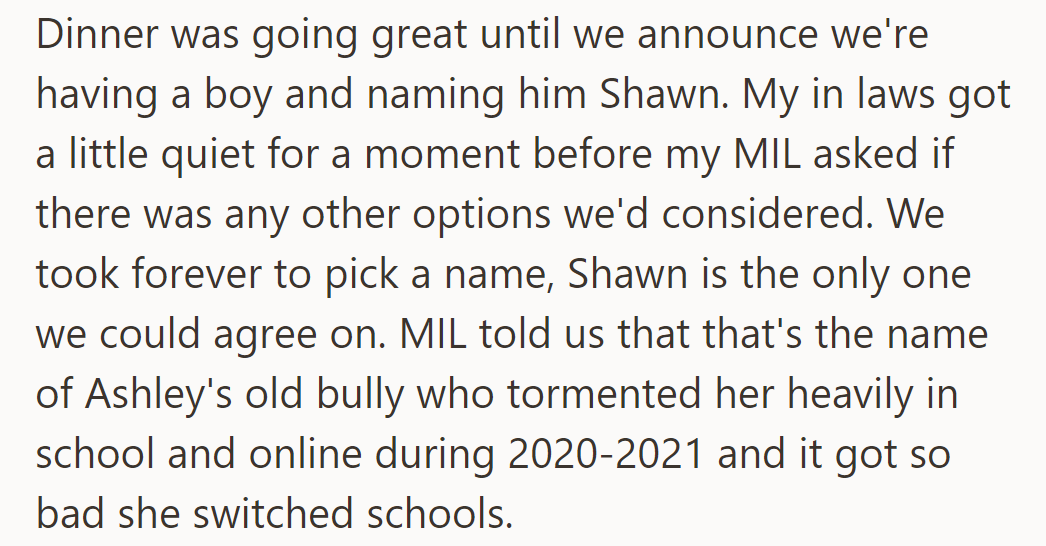 Dinner: They reveal their son's name, Shawn. Mother-in-law notes it was Ashley's bully in 2020-2021, leading to a school change.