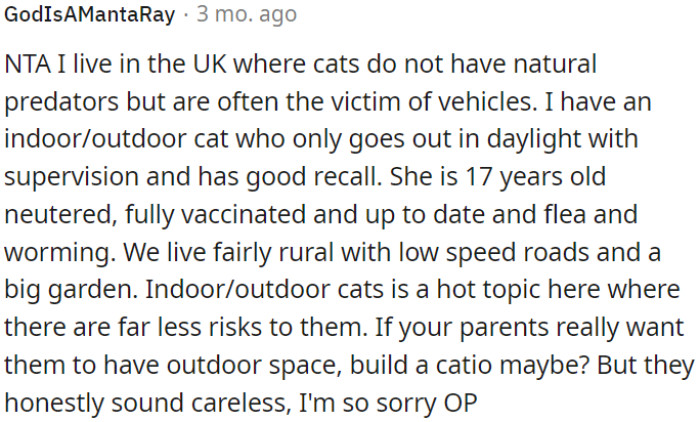 OP's parents appear to be careless in their approach to letting the cats outdoors.