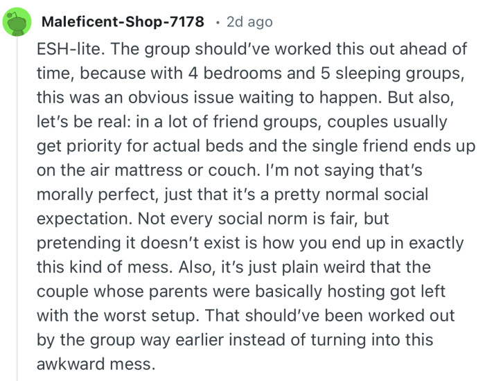“Let’s be real: in a lot of friend groups, couples usually get priority for actual beds and the single friend ends up on the air mattress or couch.”