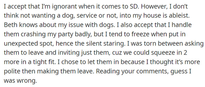 OP admits they lack knowledge about service dogs but clarifies that their aversion to dogs is not ableist.