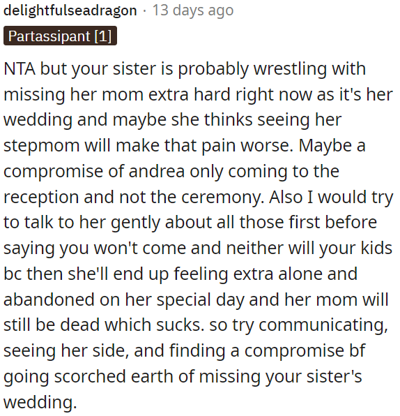 OP can suggest a compromise: have Andrea only attend the reception, not the ceremony.