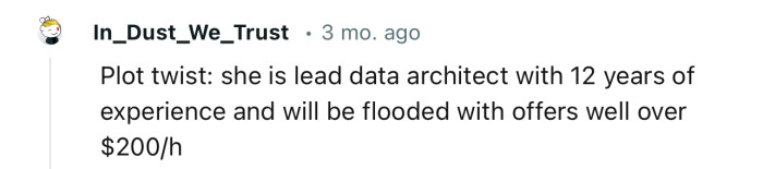 We’re not sure that a lead data architect with 12 years of experience will be asking a random Facebook audience for leads