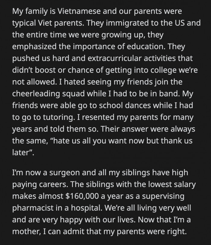 The niece told OP that her parents are pushing her to go into the medical field, but she really wants to be a teacher
