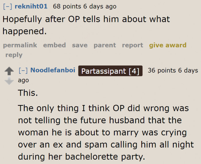 Some Redditors think that the OP needs to tell the groom about it.