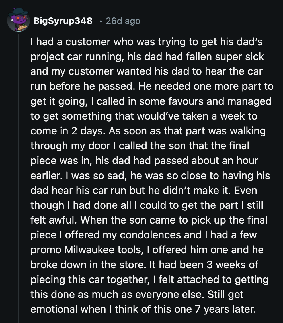 The client's son had a similar reaction when he heard his dad's car run again.