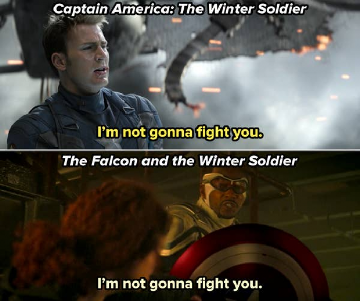 55. Sam repeats the same thing to Karli in 'The Falcon and the Winter Soldier' that Steve said to Bucky in 'Captain America: Winter Soldier'