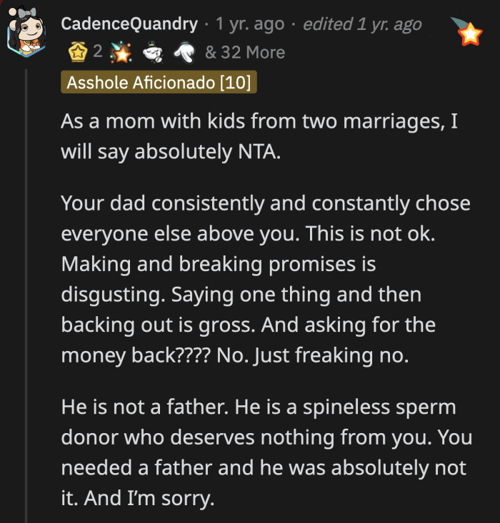 OP's father failed him multiple times and has the audacity to still ask him to ~discuss things like an adult~