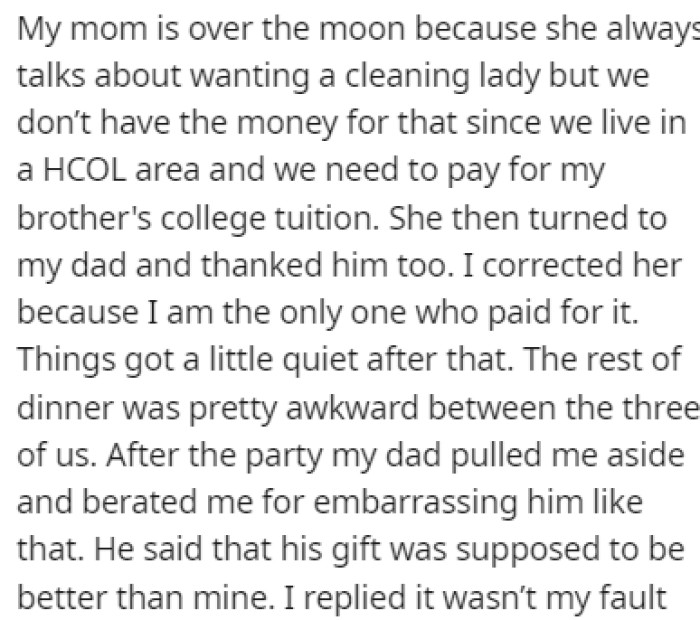 The mother thanked both OP and her father for OP's gift, but she corrected her