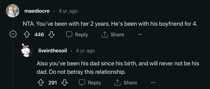 OP's son has been in their relationship two years longer than OP and his SO, and OP is always going to be a father, compared to being with his fiancé. That says a lot.