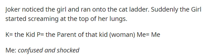 Joker swiftly retreated to the cat ladder when he noticed the girl, but her sudden loud screams left everyone, including the bewildered observer, in shock.