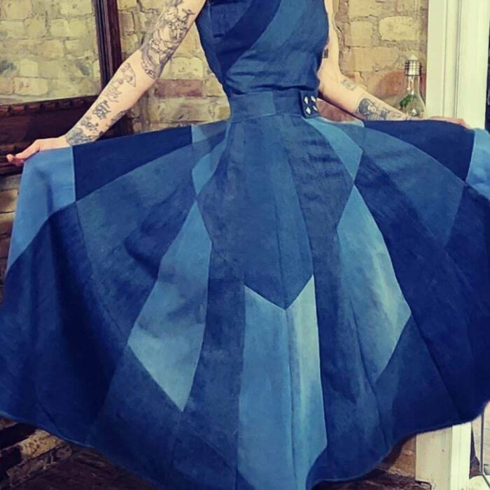 14. She created a three-piece denim dress by repurposing eight pairs of jeans.