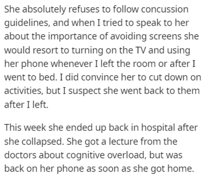 The mother refused to follow concussion guidelines, which led to her collapsing and earning herself a hospital trip