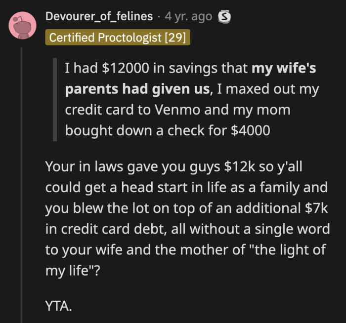 OP stole from his own baby! He took $12,000 of his baby's money because he loves a car so much.