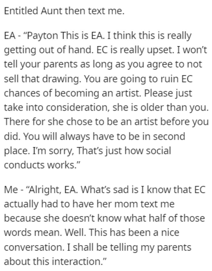 The cousin told her mother what happened, and she contacted OP to resolve this