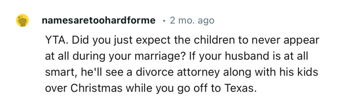“YTA. Did you just expect the children to never appear at all during your marriage?”
